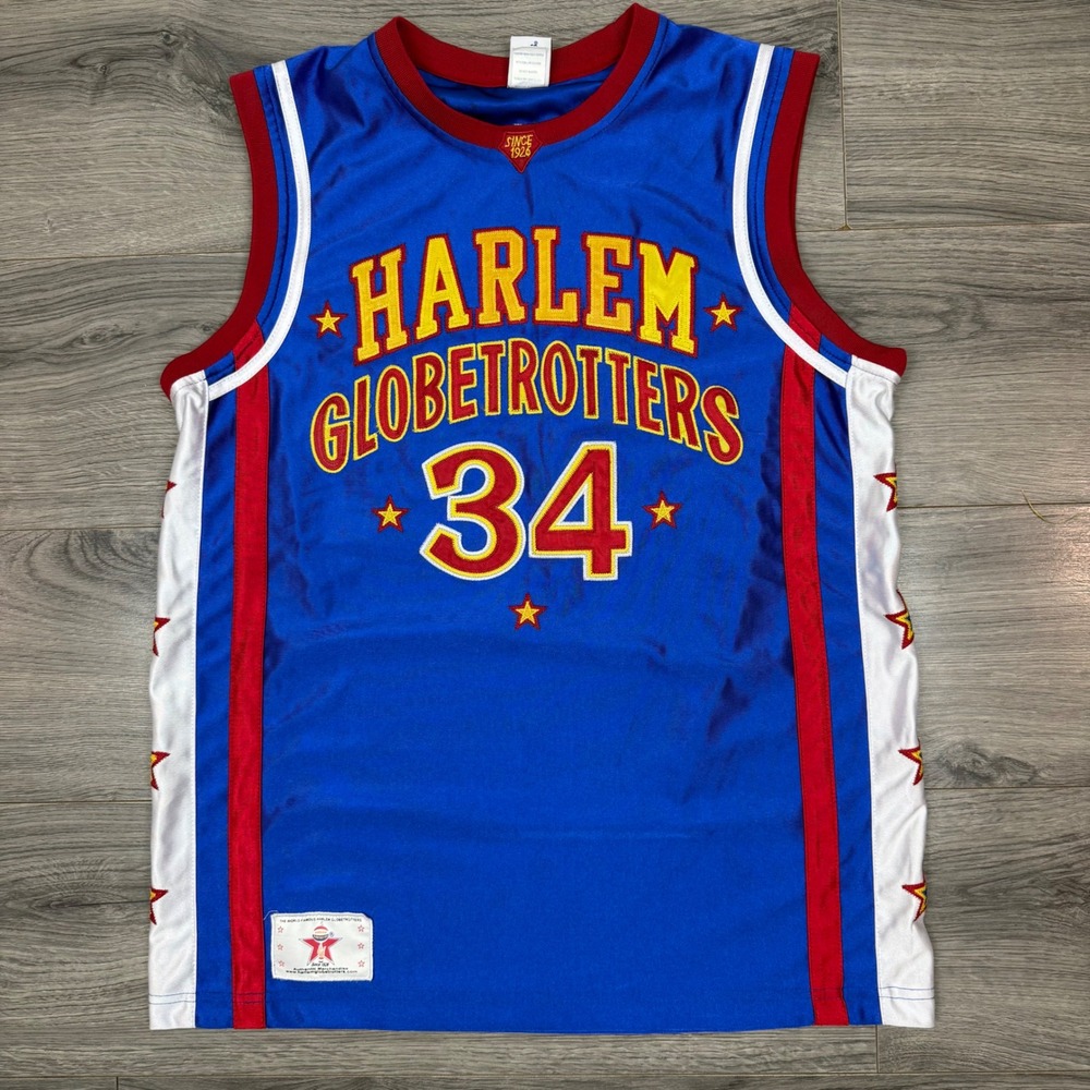 Harlem Globetrotters Thunder Jersey 34 Autographed Blue Red Stars Adult Medium‎